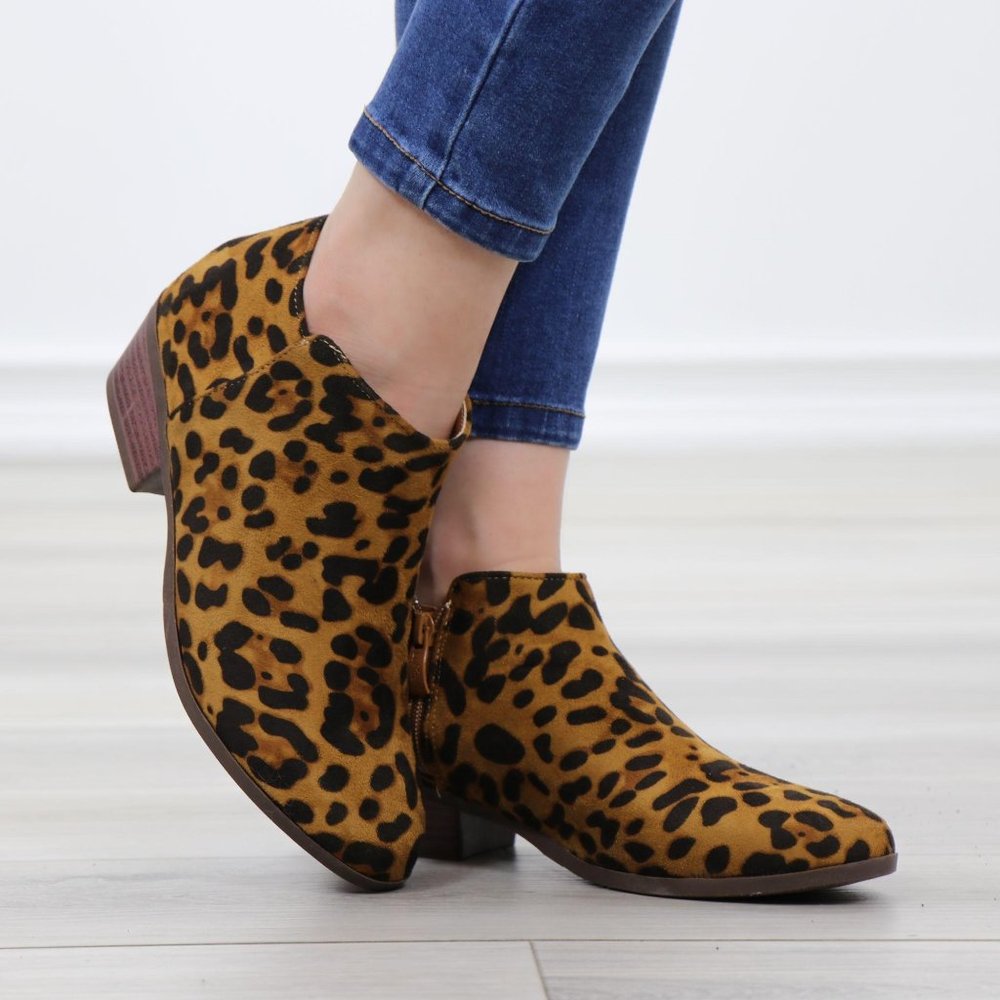 Faux Sude Leopard Low Heel Ankle Boots - Picture 3 of 13